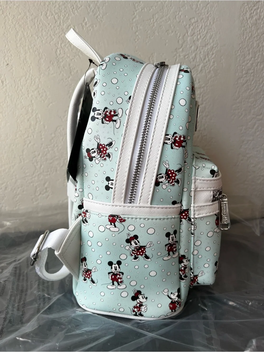NWT Loungefly Disney Mickey & Minnie Mouse Snowball Fight AOP Mini Backpack